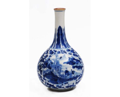 A Chinese blue and white porcelain bottle vase Kangxi (1662-1722) having panels of river landscapes with surround of foliage 