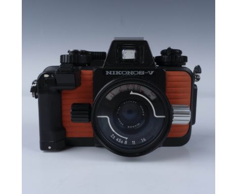 Nikon Nikonos V underwater 35mm film camera with attached Nikkor 35mm f/2.5 lens, designed specifically for underwater and ru