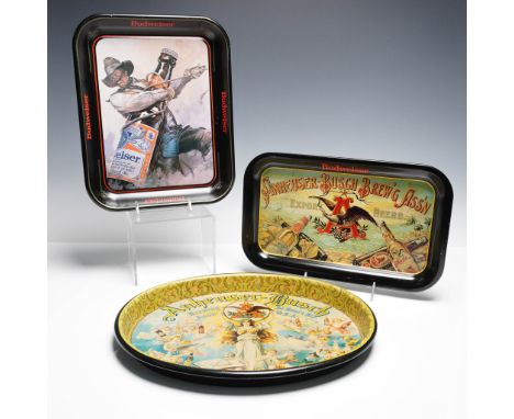 A colorful set of three tin Budweiser beer trays, officially licensed reproductions by Anheuser-Busch, Inc. Each tray feature