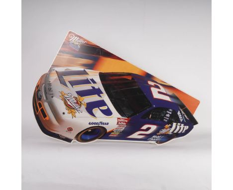 Die-cut Miller Racing advertising sign featuring a stylized #2 stock car sponsored by Miller Lite. The design prominently sho