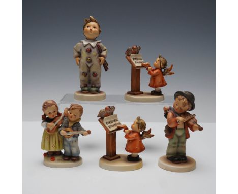 Charming 5 piece collection of Goebel Hummel figurines, including two identical Bird Duet figures, each showing an angel poin