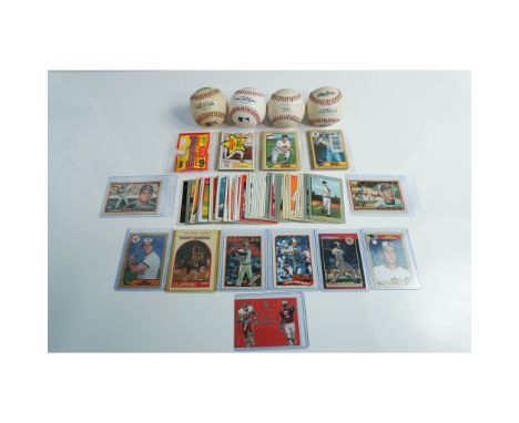 Extensive 60+ piece sports memorabilia lot featuring over 50 standard-size baseball trading cards (2.5"L x 3.5"H) from Topps,