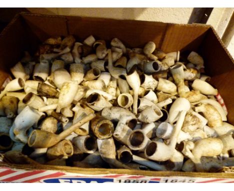 A box containing hundreds of old clay tobacco pipe bowls