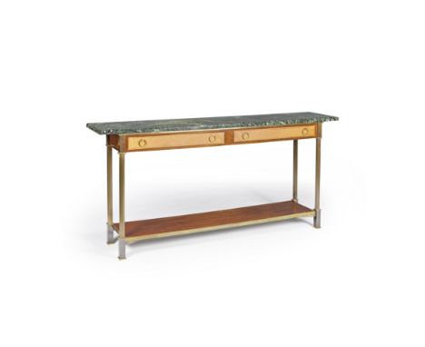 Console en placage d'amaranthe ou acajou. Travail moderneOuvrant par deux tiroirs en ceinture garni de cuir avec deux anneaux