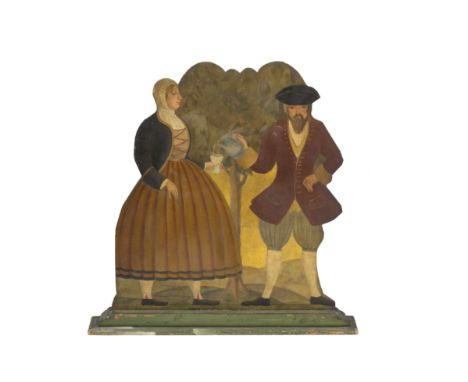 Panneau découpé peint. Angleterre, XIXe siècle'Le verre d'eau', deux personnages en tenue du XVIIIe siècle.H. 95 cm - L. 94 c