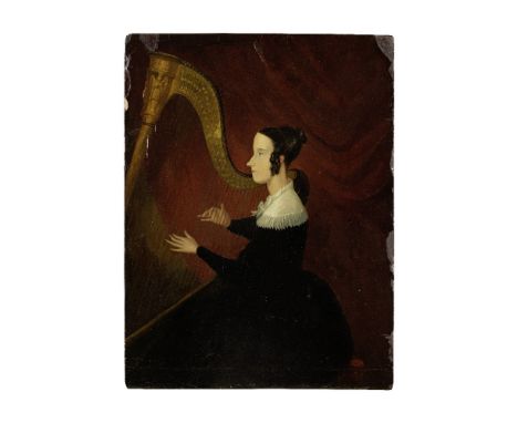 ECOLE FRANCAISE, DEBUT XIXe SIECLE, VERS 1830La joueuse de l'harpe huile sur panneauoil on panel35.8 x 27.2cm (14 1/16 x 10 1