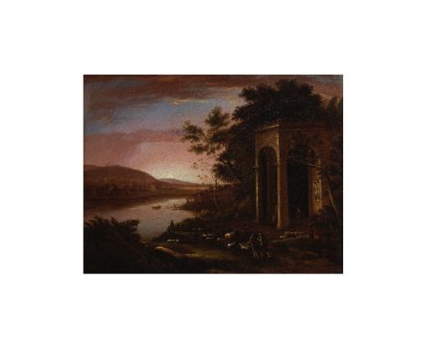 D'APRES CLAUDE GELEE, DIT CLAUDE LORRAIN (1600-1682)Paysage avec un temple de Bacchus huile sur panneauoil on panel 41.5 x 53