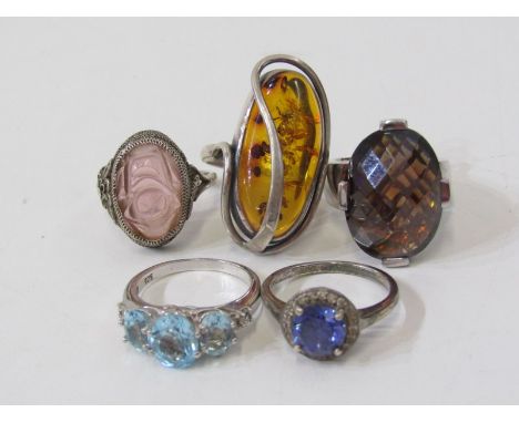 SELECTION OF 5 STONESET SILVER RINGS, various sizes and designs 