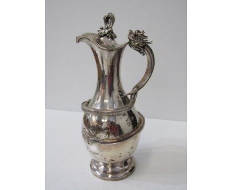CHINESE SILVER, a Chinese silver lidded wine jug with serpent decorated body and handle on a circular base, ornate finial det