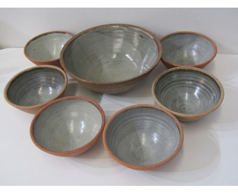 LEACH STUDIO POTTERY, LEACH POTTERY 24cm circular serving bowl together with 6 matching dishes  285 - large bowl with 2 shall