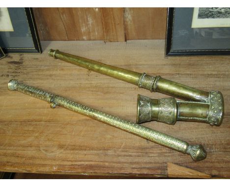 MID EASTERN METALWARE, Kashmir brass engraved decorated quill holder, 38cm length; together with Kashmir brass pipe, 38cm len