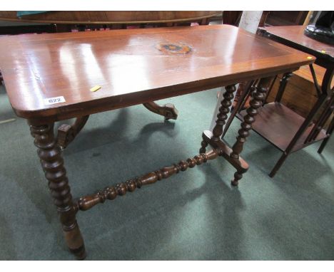 VICTORIAN MAHOGANY PARQUETRY SIDE TABLE, bobbin frame work and stretcher, 86cm width 
