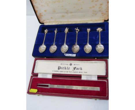 SOUVENIR SILVER, sterling silver pickle fork, replica of the first English silver fork with Sheffield Hallmark, together with
