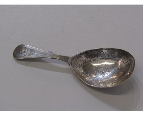 GEORGIAN SILVER CADDY SPOON, with engraved decoration, London 1799 