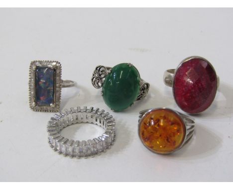 5 SILVER DRESS RINGS, all stone set including opalite, large ruby, etc 
