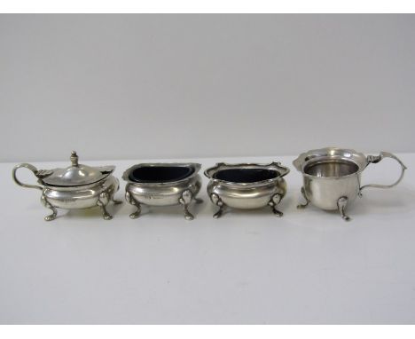 SILVER SALTS AND CRUET, 2 silver salts with blue glass liners, lidded cruet etc. all Birmingham hallmarks but various dates, 