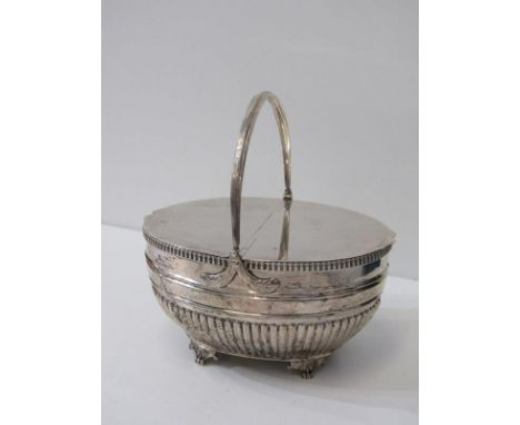GEORGIAN SILVER DOUBLE SECTION TEA CADDY of oval form with swing handle, body with half fluted decoration, maker CH, London 1
