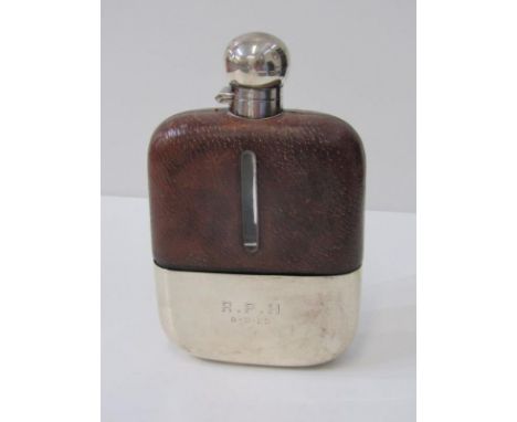 LARGE SILVER &amp; LEATHER HIP FLASK, by J D &amp; S Sheffield, large plain bodied silver and leather bound hip flask, 18cm, 