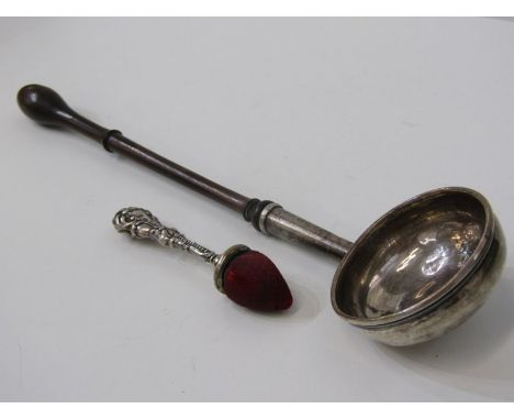 ANTIQUE SILVER PUNCH LADLE, with turned wood handle, maker possibly OC (stamped 3 times), possibly provincial Scottish, also 