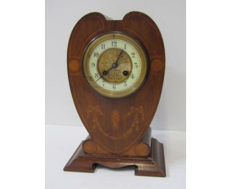 EDWARDIAN MARQUETRY MANTEL CLOCK, ribbon swag design with coiled bar strike, 28cm height 