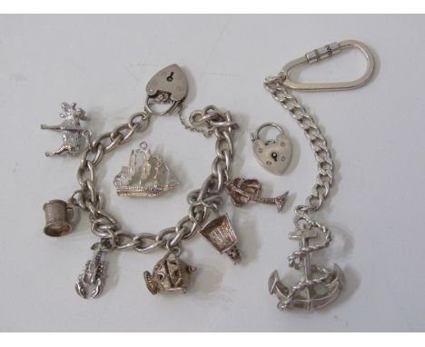 SILVER CHARM BRACELET, Containing several silver charms inc moose, lobster, teapot, wheelbarrow etc, also silver keyring with