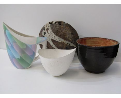 STUDIO POTTERY, Raku moon vase, 19cm height and 3 other pieces  269 - Raku Moon vase with possible missing surface sections, 
