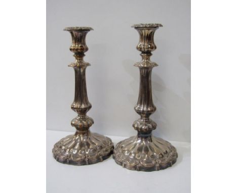 SILVER PLATE CANDLESTICKS, a pair of quality silver plated candlesticks with fluted column support on shaped bases, 30cm heig