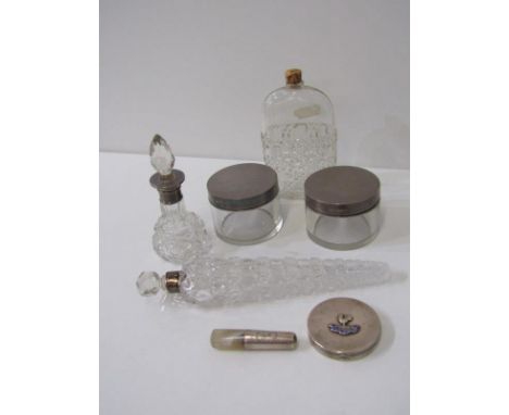 SILVER TOPPED DRESSING TABLE JARS &amp; SCENT BOTTLES, 2 silver topped dressing table jars with engine turned decoration, sil