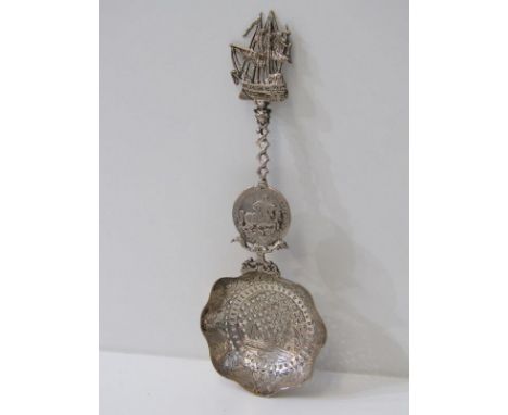 CONTINENTAL SILVER SOUVENIR SPOON with pierced bowl, decorated a windmill, finial form of a tall ship, 22cm length, 79 grams 