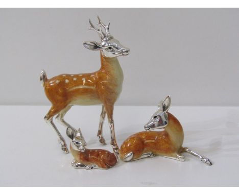 SET OF 3 SILVER & ENAMEL FALLOW DEER, group of stag, hind and calf with silver head and bases, with porcelain bodies, stag 10