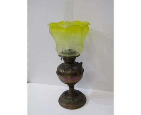 EDWARDIAN OIL LAMP with attractive frosted yellow glass octagonal shade, embossed copper base, 45cm height Lot 406: Shade in 