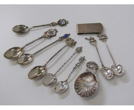 SILVER SPOONS, a silver shell bowled caddy spoon, makers DH&amp;S Birmingham; various silver souvenir spoons, some with ename