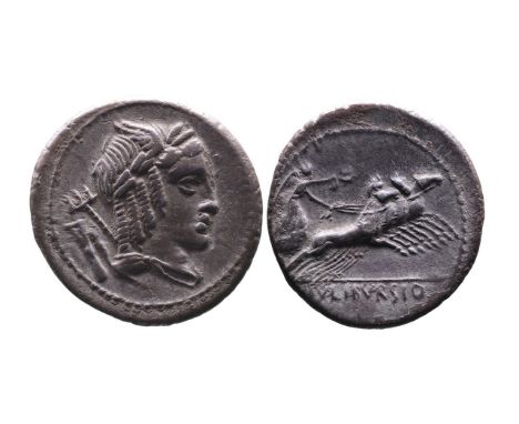 L. Iulius Bursio, Rome Mint, 85 BC.Laureate, winged and draped bust of Apollo Vejovis right, behind trident and control symbo