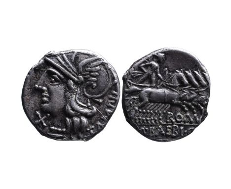 M. Baebius Q.f. Tampilus, Rome Mint, 137 BC.Helmeted head of Roma wearing necklace of beads left, below chin X, behind TAMPIL