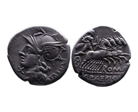 M. Baebius Q.f. Tampilus, Rome Mint, 137 BC.Helmeted head of Roma wearing necklace of pendants left, below chin X, behind TAM