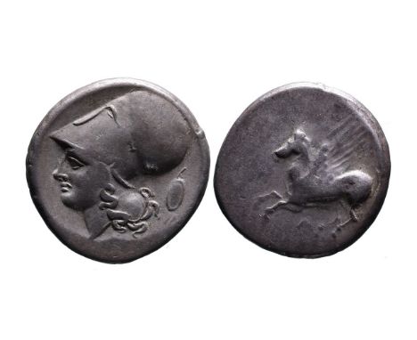 Akarnania, Argos Amphilochikon, ca. 330-280 BC.Pegasus flying left, below A;Head of Athena in corinthian helmet left, behind 