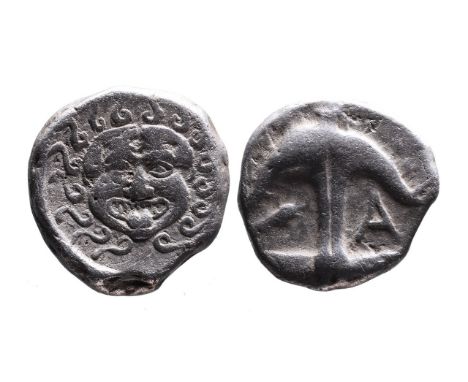 Thrace, Apollonia Pontica, late 5th-4th centuries.Facing gorgoneion;Anchor upright, to the left crayfish, to the right A.SNG 