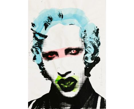 Mr. BRAINWASH (Né en 1966)  Marilyn Manson. Monotype, sérigraphie en noir réhaussée à l’aquarelle sur papier.  Pièce unique. 