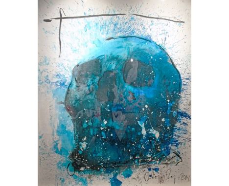 Philippe PASQUA (Né en 1965) Blue skull, 2016. Acrylique et technique mixte sur papier, signé et daté en bas à droite par l’a