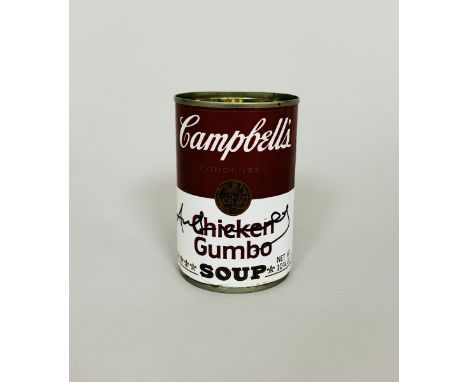 Andy WARHOL (1928-1987), Attribué à. Campbell’s Soup « Chiken Gumbo ».  Boîte de conserve métallique. Signée « Andy Warhol » 