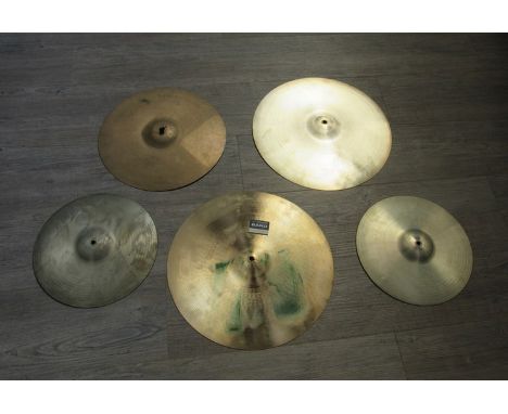 Five assorted cymbals including hi-hat and Zildjian 