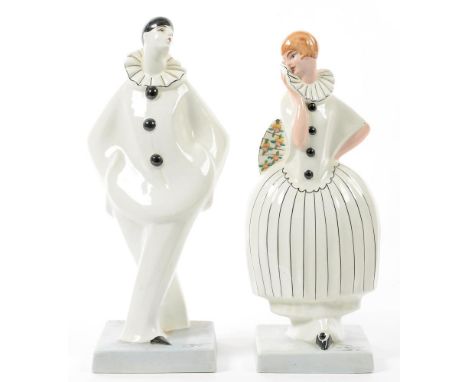 TWO FRENCH ART DECO STYLE EARTHENWARE FIGURES OF A PIERROT AND PIERRETTE, 32CM H, PAINTED SIGNATURE AND RED PRINTED CIRCULAR 