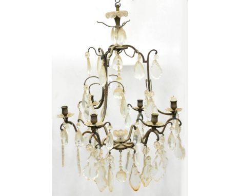 A BRASS SIX LIGHT CHANDELIER WITH FLAT AND PEAR SHAPED GLASS DROPS, 68CM H