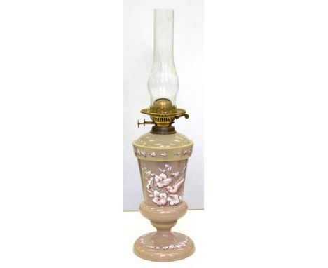 A VICTORIAN ENAMELLED MUSHROOM GLASS OIL LAMP, ATTRACTIVELY PAINTED IN WHITE AND PUCE ENAMEL WITH BIRD AND MORNING GLORY, THE