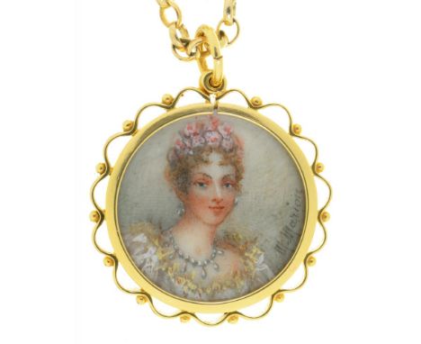 A PORTRAIT MINIATURE IN 18CT GOLD MOUNT, 5.5G, ON 9CT GOLD CHAIN, 6G++PORTRAIT HAIRLINE CRACK