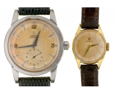 AN OMEGA STAINLESS STEEL GENTLEMAN'S AUTOMATIC WRISTWATCH, INSCRIBED '25 JAHRE ZB', LEATHER STRAP AND AN OMEGA 9CT GOLD LADY'