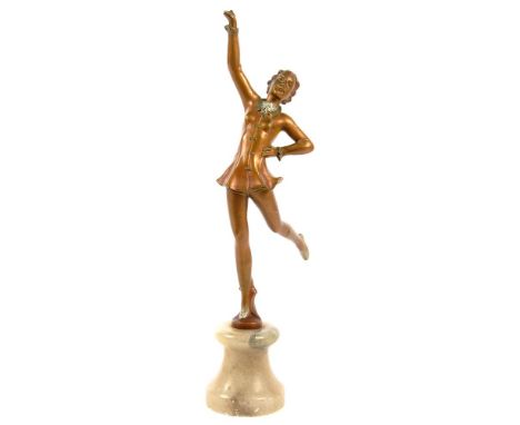 AN ART DECO SPELTER GILT STATUETTE OF A DANCER, POISED ON TIPTOE, TURNED ALABASTER PEDESTAL, 34CM H, C1930