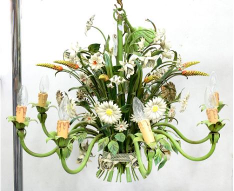 A NATURALISTIC PAINTED WROUGHT METAL EIGHT LIGHT CHANDELIER IN THE FORM OF A BUNCH OF FLOWERS, 55CM H, TIED ROPE, ETC