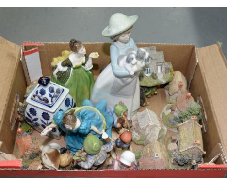 MISCELLANEOUS POTTERY AND PORCELAIN FIGURES, INCLUDING ROYAL DOULTON AND GOEBEL AND A QUANTITY OF LILLIPUT LANE RESIN COTTAGE