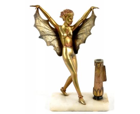 AN ART DECO SPELTER GILT FIGURAL LIGHTER IN THE FORM OF A BAT GIRL, ON ALABASTER BASE, 29CM H, C1930